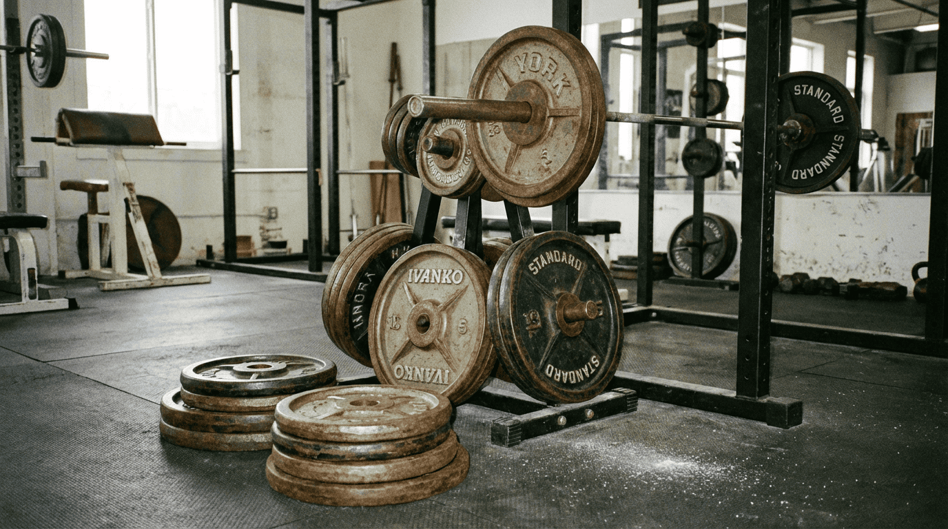 Foto real de discos de pesas de hierro fundido apilados o montados en barra, en gimnasio